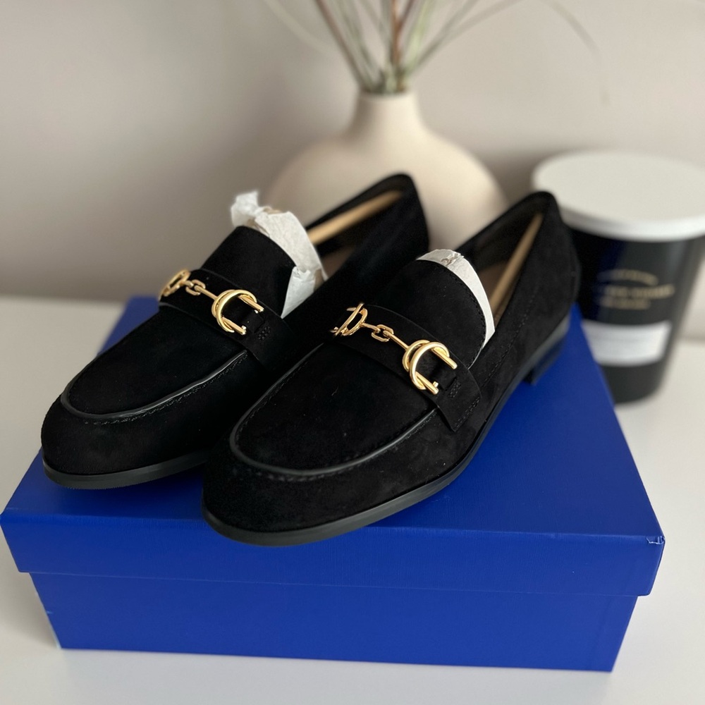 Stuart Weitzman Black Suede Buckle Loafers